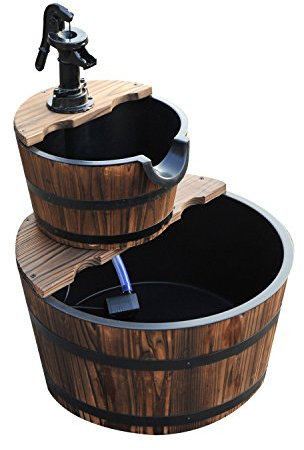 Outsunny Fuente de Agua de Madera Fuente de Jardín en Cascada de 2 Niveles con Bomba Eléctrica y Salida de Agua Ajustable para Decoración Patio Terraza 44,5x44,5x58,5 cm Natural