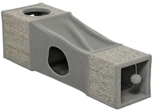 PawHut Katzentunnel Faltbar Katzenspielzeug mit Ball, Katzenhöhle Rascheltunnel Spieltunnel für Katzen 98 x 30 cm Braun+Grau