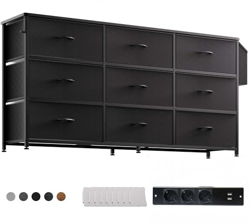PURFINO Fabric Chest of Drawers - Large TV Stand for 43-65 Inch TVs with 9 Drawers, Label Cards, Side Pocket & Hook, Odor Free Storage Unit for Living Room, Hallway, Bedroom