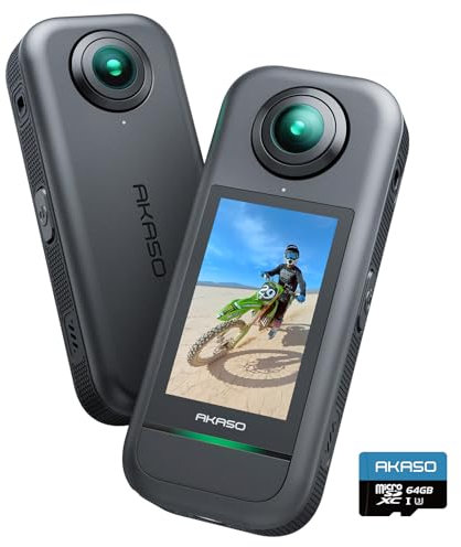 AKASO 360-360° Action Camera with 5.7K 360° Video, 72MP Photo, SuperSmooth Stabilization, Horizon Lock, AI Tracking, Invisible Selfie Stick Effect, Touchscreen, Splash-Resistant, 64GB microSD Card