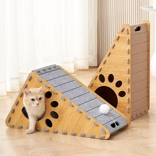 Rascador para Gatos de Madera y de Fieltro con Rampa Inclinada, Diseño de Huella, Color Natural y Beige, 30 * 40 * 60cm (Beige Oscuro)