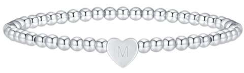 BEAMARKER Initial pärlarmband för kvinnor silver hjärta initial boho handkedja läcker bokstav M berlock handgjord stretch boll pärlarmband trendiga smycken gåvor armband för mamma alla hjärtans dag