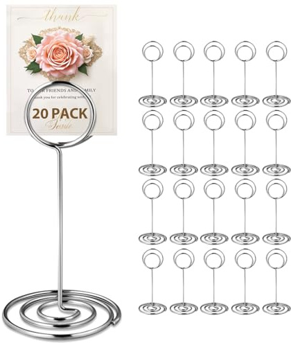 WILLIZTER Silver Table Number Holders, 20PCS | 3.34 Inch Metal Card Stand, For Menu, Name Cards, Photos