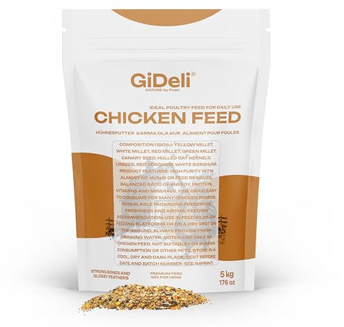 GiDeli Comida para pollos de 5 kg, harina de ponedora, alimento completo para pollos, alimento para granos de aves de corral para un rendimiento óptimo y formación de huevos, mejor aceptación y