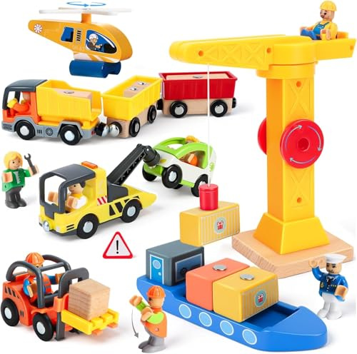 JONRRYIN Vehículos de construcción para niños grúa, juguete para obras a partir de 3 años, vehículos de construcción para niños, juguete de madera con grúa de torre, remolque, carretilla elevadora