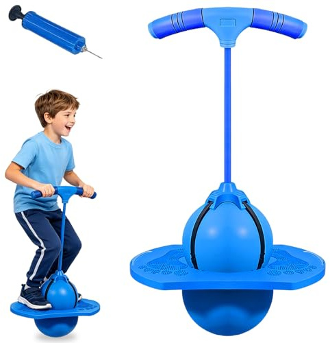 Pallone Salterino Balance, Palla Pogo con Maniglia, Pogo Ball, per interni ed esterni, utilizzabile in soggiorno, terrazza e giardino, con Pompa (Blu)