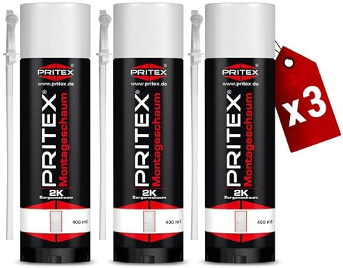 PRITEX – 2K Montageschaum 3 x 400 ml inkl. Aussprührohr – Bauschaum zum Verfüllen, Dämmen & Abdichten – Zargenschaum zur Montage von Türzargen, Fensterrahmen & Holztürfuttern