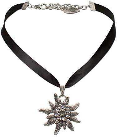 Alpenflüstern Bavarian satin ribbon necklace with rhinestone Edelweiss, Ladies costume jewelry, traditional german pendant necklace for Dirndl, Leather trouser, Oktoberfest (black)