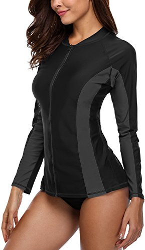 Charmo Rash Vest Women UPF 50+ Long Sleeve Zipper Swim Top Black-a 2XL
