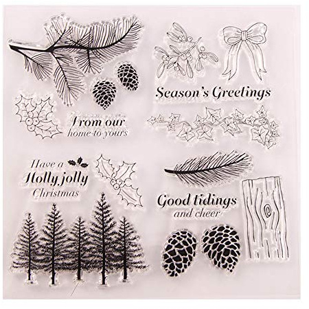 LZBRDY Winter Trees Branch Leaves Pine Cones Bow Clear Rubber Stamps for Card Making and Scrapbooking Christmas Wishes Words Silicone Stamps