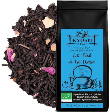 Kyosei Tea – Thé Noir Bio Premium Thé à la Rose – Vrac 100g – Assam & Inde du Sud aux Pétales de Rose – Infusion Florale Élégante
