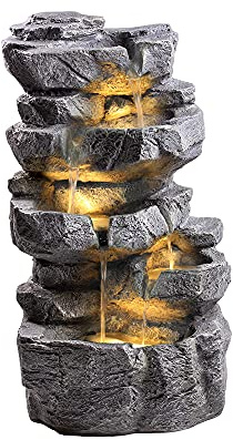 Rock Stone Cascade Water Feature with White LED Lights (70cm Tall) | 5 Tier Cascading Water Feature, Self Contained, Outdoor - 42 x 38 x 70cm