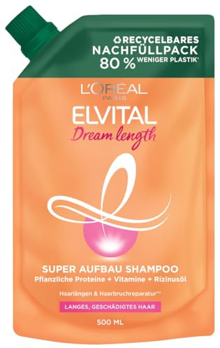L'Oréal Paris Elvital Shampoo Nachfüllpack, Haarshampoo gegen Spliss, Für traumhaft langes Haar, Mit Rizinus-Öl, Dream Length, 1 x 500 ml