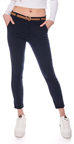 Kendindza Chino Damen Hose Stretch mit Gürtel Stoffhose Damen elegant lang (L, Blau)
