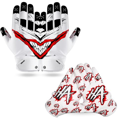LISAAZ Football Gloves Sticky Grip Youth Football Gloves | Receiver Durable Youth & Adult Tacky Sports Training Game Day Gear Gift (White HAHA, Adult- Large)