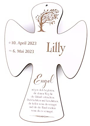 DEKOLANDO Engel Taufkreuz personalisiert mit Name Datum graviert Holzkreuz Baum Kreuz Kinderkreuz mit Lebensbaum & Spruch weiß 15 x 21 cm