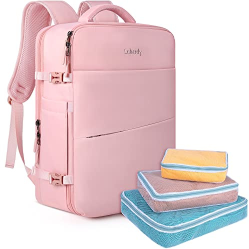Lubardy Sac à dos Homme 40L Sac de Voyage Imperméable pour Ordinateur Portable 17,3 Pouces avec Organisateur Valise 3 Pièces Sac à dos Grande Capacité pour Affaires Travail Collège Randonnée Rose