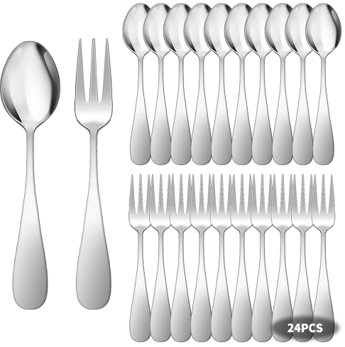 Teelöffel und Gabeln Set 24 Stück, Kaffeelöffel Kuchengabeln 14,5cm, Esslöffel, Eislöffel, Suppenlöffel, Spülmaschinenfest, für Haushalte, Restaurants, Kantinen, 12 Teelöffel und 12 Kuchengabeln