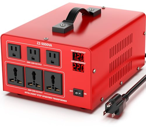 5000W Heavy Duty Voltage Converter Transformer – Step Up 110V to 220V & Step Down 220V to 110V, Auto Input Recognition, 3 US & 3 Universal Outlets, LCD Display, Circuit Breaker for Travel & Home