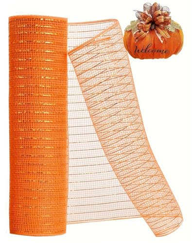 Autumn Orange Metallic Mesh Ribbon 10 inch x 10Yard Iridescent Gold Foil, Thannksgiving Halloween Ribbon for Wreath Swags and Christmas Tree Decoration (Orange)