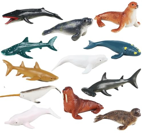 JOKFEICE Figure di animali, 12 pezzi realistiche di animali marini, tra cui balena, mucca di mare, foca, ecc. Progetto scientifico, giocattolo educativo, regalo di compleanno per bambini