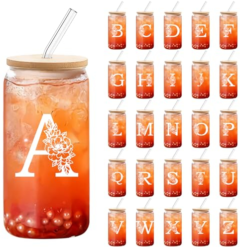 DETENE 550ml Bicchiere di Vetro con Coperchio Bicchiere da Birra con Coperchio e Cannuccia La Scelta Migliore per Regali Acronimi di Compleanno Maschile e Femminile o Regali di Natale(A)