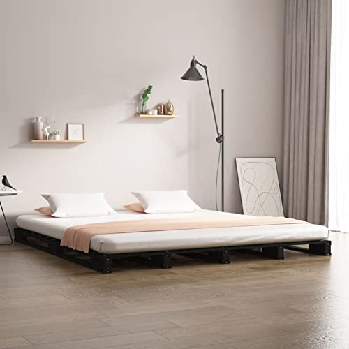 Sufrk Lit à palette noir 140 x 190 cm en bois massif de pin, cadre de lit à plate-forme rembourré, base pour matelas, support pour lattes en bois, facile à monter