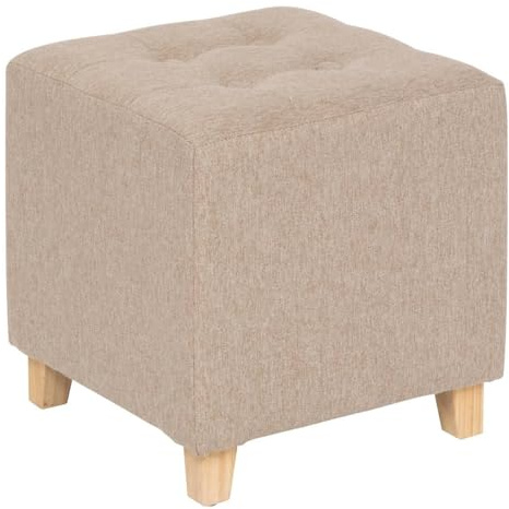 Atmosphera - Pouf Carré Leandre Beige Chiné 35 x 35 x 35 cm, Pieds en Bois, Assise Capitonné - pour Salon, Chambre