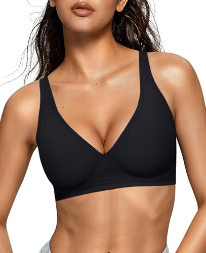 OEAK Womens Deep V Bras Wireless Comfortable Bra Supportive No Underwire Bras Tshirt Push Up Bralettes Plunge Seamless Bra Black S