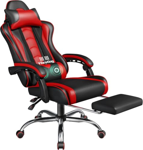 Yaheetech Sedia Gaming Ergonomica Massaggiante Reclinabile con Poggiapiedi Poggiatesta e Supporto Lombare Braccioli Imbottiti in Finta Pelle, Poltrona Gamer da Scrivania con Ruote Girevole Rosso