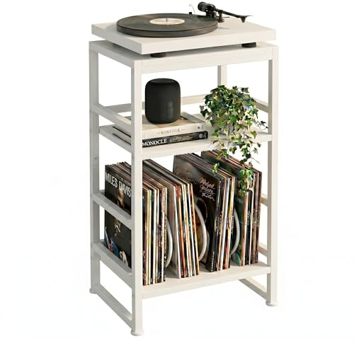 ZEXVIDA Plattenspieler-Ständer, 3 Etagen Beistelltisch,Plattenspielertisch Aufbewahrung von Schallplatten, bis zu 120 Alben, Tisch für Wohnzimmer, Schlafzimmer, Vintagebraun (Weiß)