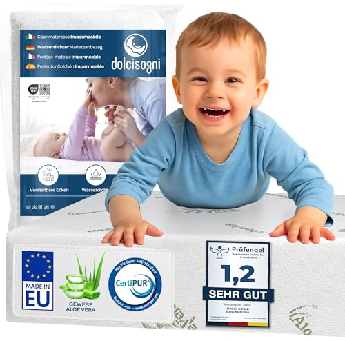 DOLCI SOGNI Colchón Bebé 50x83 cm con Protector Impermeable (2 Piezas) – Funda Aloe Vera – Colchón y Protector Transpirables y Lavables – Certificado Oeko-Tex – Fabricado en Europa