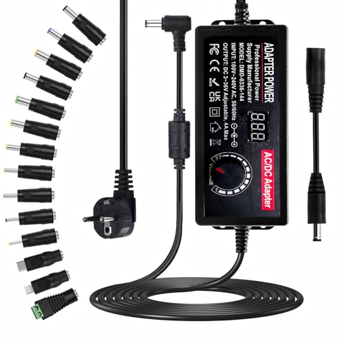 Universal Netzteil 3V-36V, 4A 144W Einstellbares netzteil AC/DC 100V-240V Verstellbarer Netzteils Adapter mit LED Spannungsanzeige und 14 Tipps für Haushaltselektronik, DC Motor DVD, 4A Max
