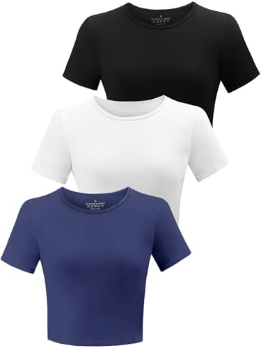 BryticFlow 3 Pack Workout Crop Tops for Women Cotton T-Shirts Short Sleeve Cropped Fitted Tops Basic Cute Tees Casual Crew Neck Summer Tshirts Yoga Gym Clothes Black/White/Navy M