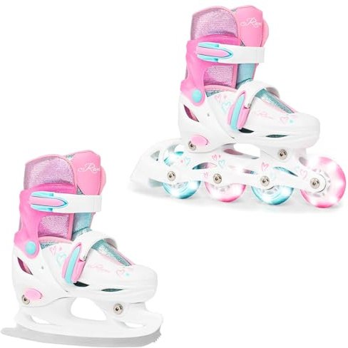 RAVEN 2in1 Schlittschuhe Inline Skates Inliner für Kinder Mädchen LED Leuchträder verstellbar (Loret Glitter White/Mint/Pink, 30-33 (18,5cm-20,5cm))