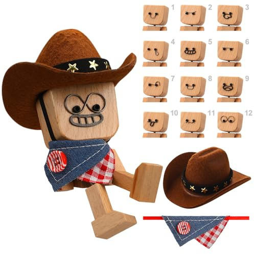 Novabright Shaking Wooden Man Figurine with Cowboy Hat & Scarf Shaking Feet Wooden Doll with 12 Pcs Magnetic Expressions Handmade Western Cowboy Decor Gifts for Car Dashboard Home Office Desk Trinket