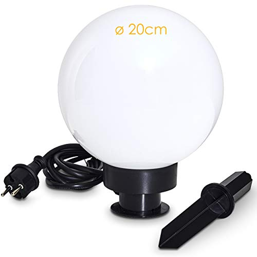 HOFSTEIN Kugelleuchte Miau, Kugellampe mit Erdspieß, Außenleuchte aus weißem Kunststoff Ø 20 cm, Außenleuchte mit E27-Fassung, Leuchtkugel mit 5 Meter Zuleitung, ohne Leuchtmittel