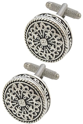 Gemelli Camicia Uomo Argento Colorato - Con Scatola - In Stile Antico - Disegno Celtico - Diametro 20mm - Ottone - Colori Argento e Nero - Celtica Epoca Croce Circolare - Un Paio