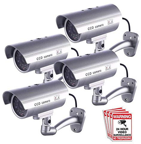 FITNATE Dummy Security Camera, 4 Packs Fake Surveillance Security CCTV Camera System with LED Red Flashing Light for Both Indoor & Outdoor Use + Security Camera Warning Stickers × 4 (Silver)