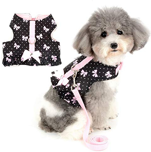 Zunea Harnais et Laisse pour Petit Chien Fille de Chiot Veste Robe, Anti Traction Harnais Chaton rembourré en Coton Doux et coloré avec nœud Mignon pour Chihuahua Yorkshire Noir S