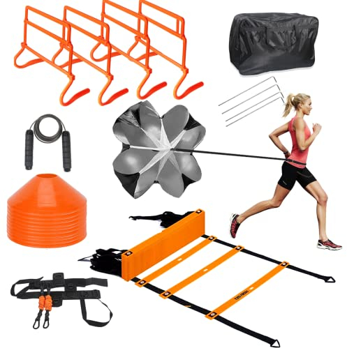 TOCO FREIDO Speed&Agility Training Set – 20ft Agility Ladder Set with 12 Rungs, 4 Adjustable Training Hurdle, 12 Disc Cones, 2 Resistance Bands, 1 Running Parachute and Footwork Drills Equipment