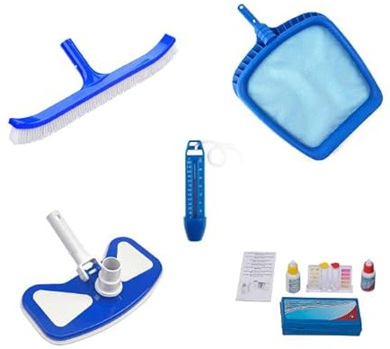 well2wellness Pool tillbehörsset 4 grundläggande 5-delar med lövhåv, termometer, golvdammsugare, bäckenborste plus testsats för klor pH (P1879)