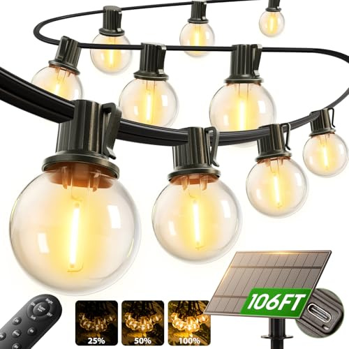 addlon 100FT Solar String Lights Outdoor with Remote, 54 LED Shatterproof Bulbs, USB Charging, 20+ Hour Runtime, Dimmable & Timable, G40 Waterproof Solar Lights for Outside Backyard Patio Garden Decor