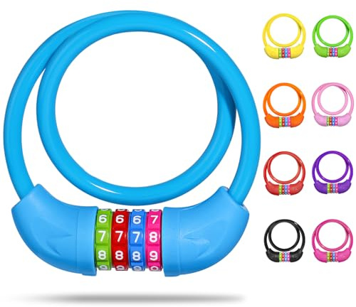 SPGOOD Candado de Bicicleta con Números para Niños(10 x 650MM),Candado de Cable Antirrobo de Combinación de Códigos,Candado de Bicicleta de Combinación para Niñas Niños(Azul)
