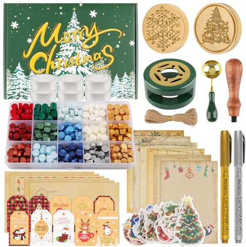 15 couleurs Kit de Tampons de cire Noël, Kalolary 375 pièces Perles Cire Cacheter avec Têtes Laiton, Chauffe Cire Cacheter, Cuillère à Fondre, Stylo Métallique, Enveloppe Emballage Cadeau d'Invitation