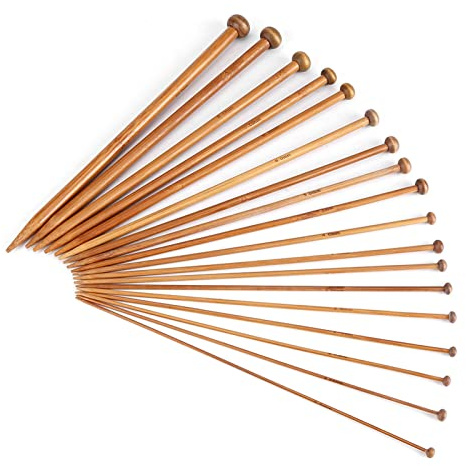 Set de 18 Aiguilles à Tricoter en Bambou, Tailles 2 mm à 10 mm, Pointe Unique, Bois Carbonisé, Kit pour Débutants