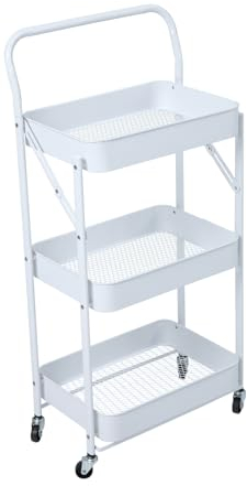 SVITA Servierwagen mit Rollen klappbar 3 Etagen mit Griff Küchenwagen klein Allzweckwagen mit Körben Rollwagen Badezimmer Regal Weiß