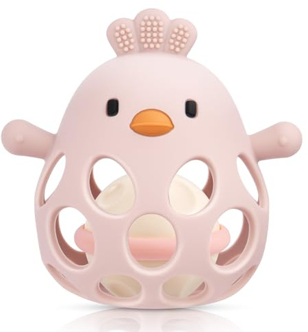 HOTUT Sonaglio Silicone Neonato,Palla Sonaglio per Bambini Femmina Maschio per Neonati, Palla a Presa per Bambini, Senza BPA - Rosa