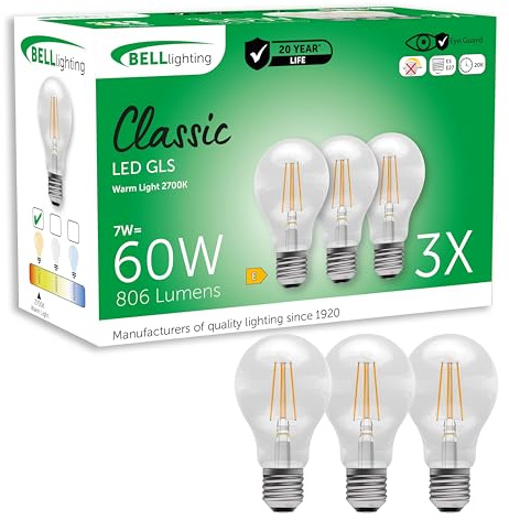 BELL Lighting E27 Energy Saving LED Filament GLS Bulbs 7W 806lm 3 Pack