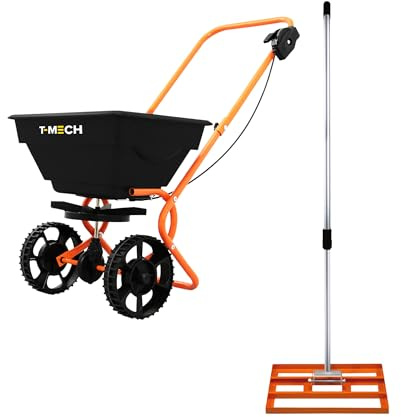 Lawn Leveller & Rotary Spreader Gritter Fertiliser Garden Levelling Rake Lute 50cm x 32cm Orange Removable Extendable Handle 1.15-1.9m Easy Grip 25kg Capacity Salt Grit Sand Seed Rain Cover & Gloves